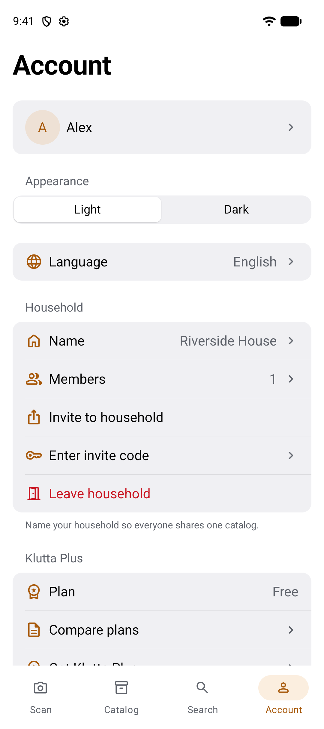 The Account tab: the member Alex, an Appearance switch set to Light with Dark beside it, Language set to English, a Household group with Name set to Riverside House, Members 1, Invite to household, Enter invite code and Leave household, then a Klutta Plus group showing the Free plan and Compare plans.